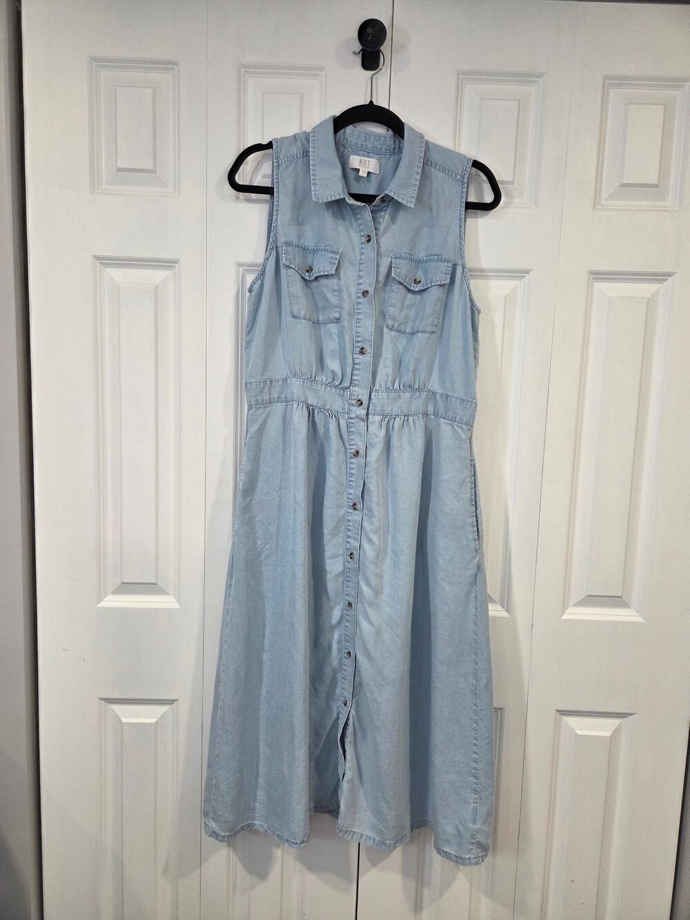 KUT Chambray Denim Midi Dress Sleeveless Elastic Waist L Pockets